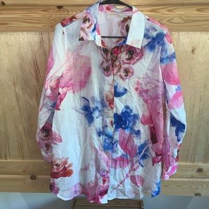 Soft Surroundings Aquarelle watercolor floral tunic button down shirt size L